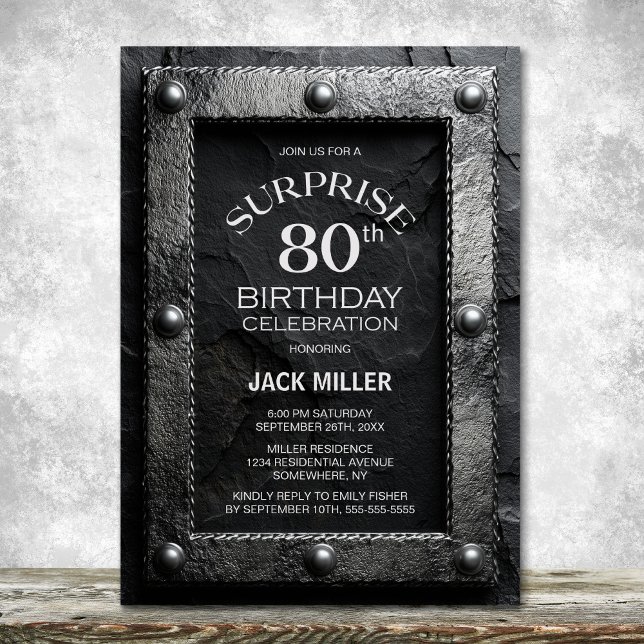 Silver Frame Black Slate Surprise 80th Birthday Einladung (Von Creator hochgeladen)