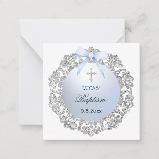Silver Frame Blue Bow Taufe Geschenkverpackung Mitteilungskarte (Vorderseite)