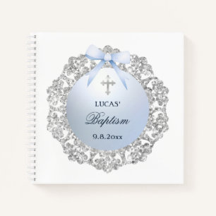 Silver Frame Blue Bow Taufen Square Gästebuch Notizbuch