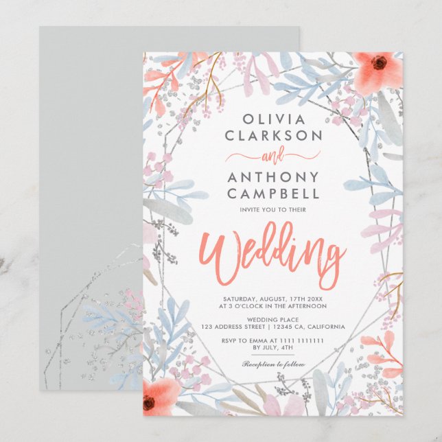 Silver Frame Blumenschrift Aquarellschrift Hochzei Einladung (Vorne/Hinten)