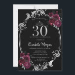 Silver Frame Burgundy Rose Schwarz 30. Geburtstag Einladung<br><div class="desc">Silbertiara,  bordeauxfarbene Rose und silberne Blumenrahmen auf schwarzem Hintergrund. Schöne Einladung,  die mit Ihrem Namen angepasst werden kann. Wählen Sie die Schaltfläche "Anpassen",  um Stil,  Farbe und Größe des Schriftartes zu ändern.</div>