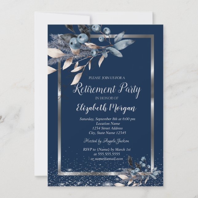 Silver Frame Confetti Winter Blume Ruhestand Einladung (Vorderseite)