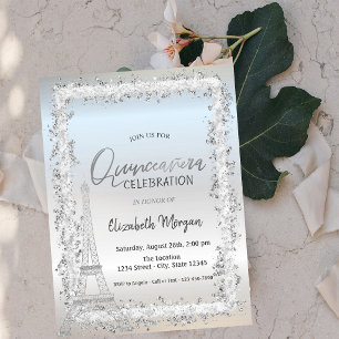 Silver Frame Eiffel Tower Silver Quinceanera Einladung