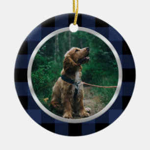 Silver Frame Hund Foto Navy Blue Kariert Tartan Keramik Ornament