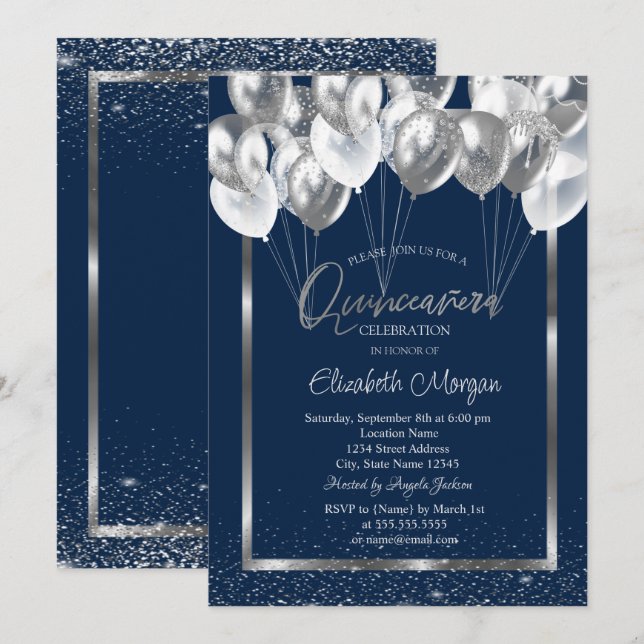 Silver Frame Navy Confetti Balloons Quinceañera Einladung (Vorne/Hinten)