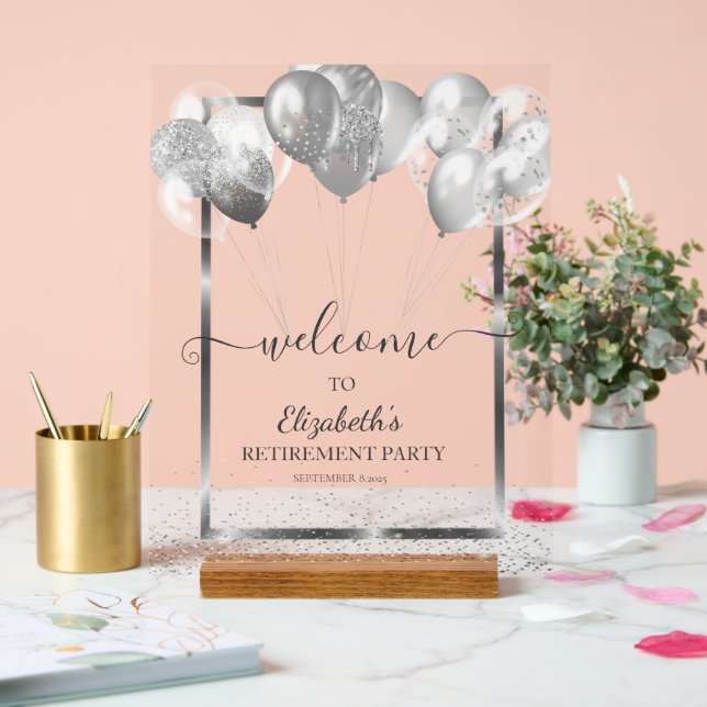 Silver Frame Navy Confetti Balloons Ruhestand Acrylschild (Hochzeit)