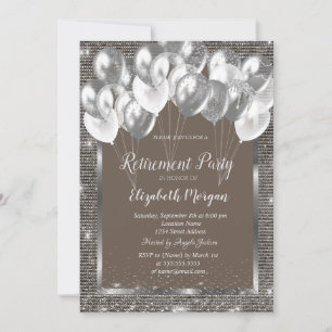 Silver Frame Sequins Balloons Brown Retirement Einladung