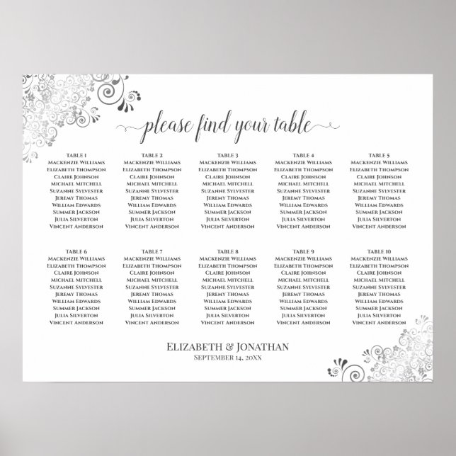 Silver Frills 10 Table Wedding Seating Chart White Poster (Vorne)