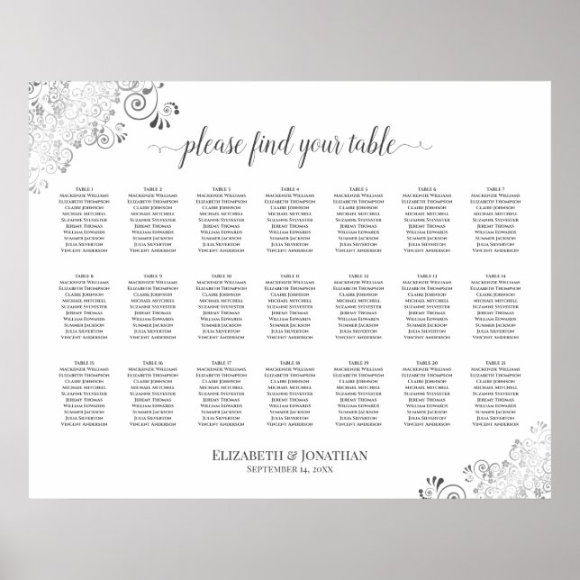 Silver Frills 21 Table Wedding Seating Chart White Poster (Vorne)