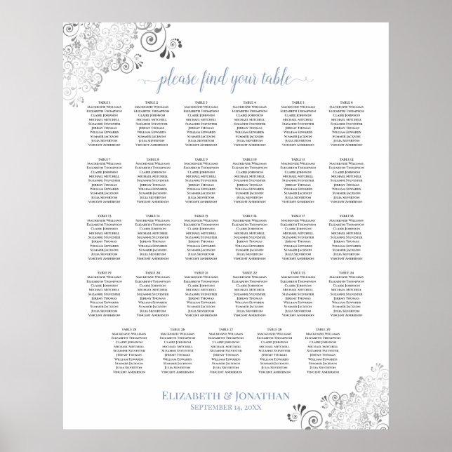 Silver Frills 29 Table Wedding Seating Chart Blue Poster (Vorne)