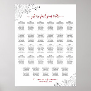 Silver Frills 29 Table Wedding Seating Chart Red Poster