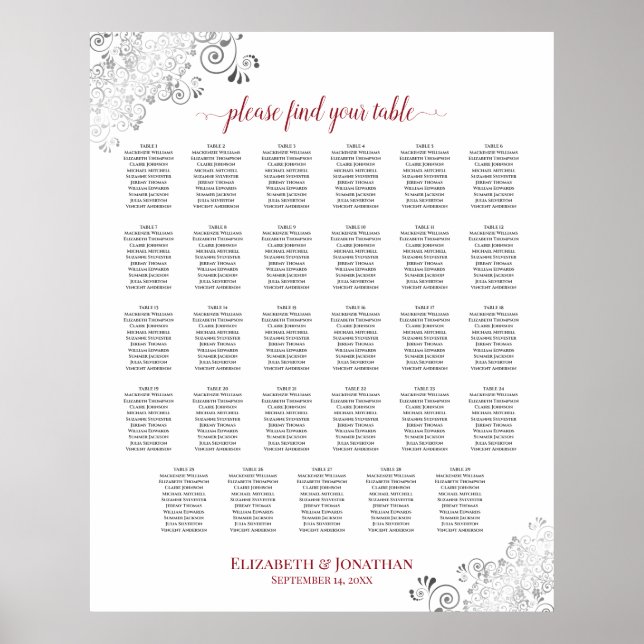 Silver Frills 29 Table Wedding Seating Chart Red Poster (Vorne)