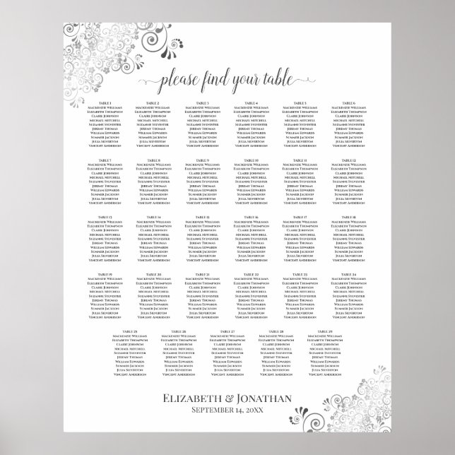 Silver Frills 29 Table Wedding Seating Chart White Poster (Vorne)
