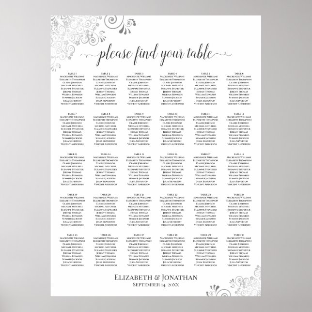 Silver Frills 30 Table Wedding Seating Chart White Poster (Vorne)