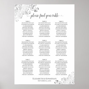 Silver Frills 9 Table Wedding Seating Chart White Poster