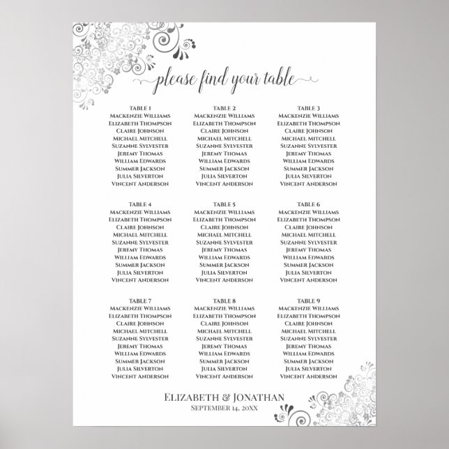 Silver Frills 9 Table Wedding Seating Chart White Poster (Vorne)