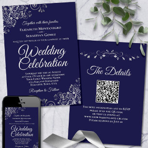 Silver Frills auf Navy Blue Elegant QR Code Weddin Einladung