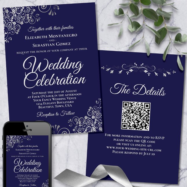 Silver Frills auf Navy Blue Elegant QR Code Weddin Einladung (Front/Back/Downloadable)