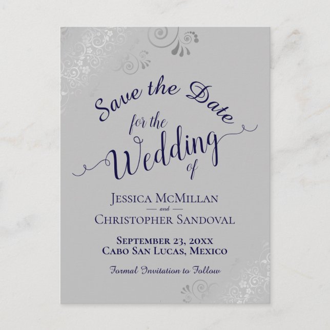 Silver Frills auf Navy & Gray Wedding Save the Dat Ankündigungspostkarte (Vorderseite)
