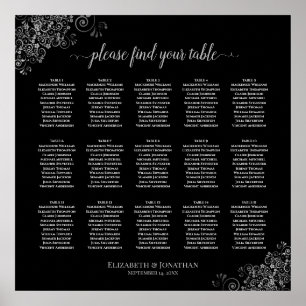 Silver Frills Black 15 Table Wedding Seating Chart Poster