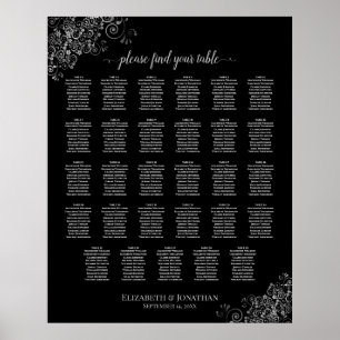 Silver Frills Black 29 Table Wedding Seating Chart Poster