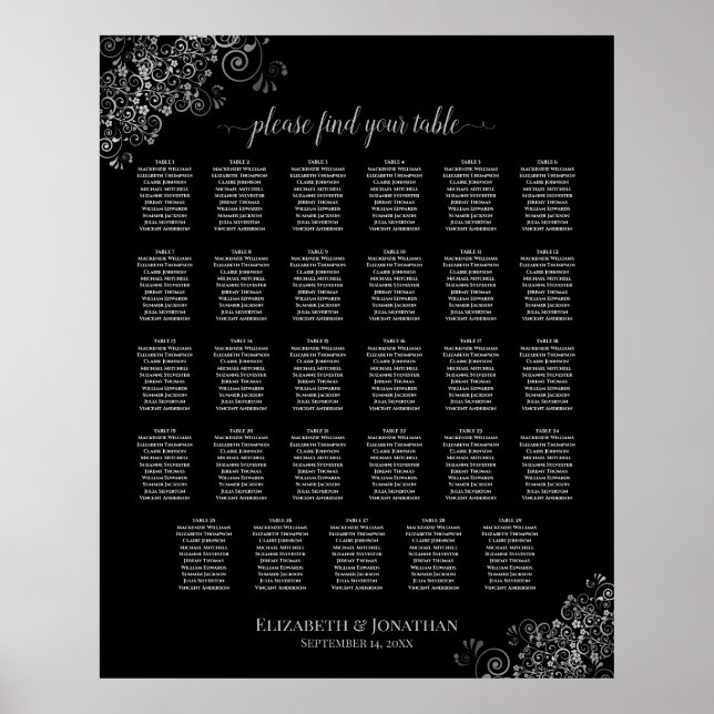Silver Frills Black 29 Table Wedding Seating Chart Poster (Vorne)