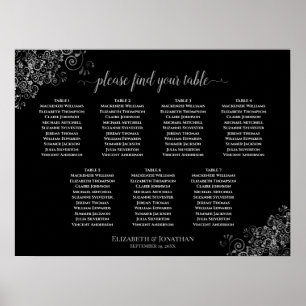 Silver Frills Black 7 Table Wedding Seating Chart Poster
