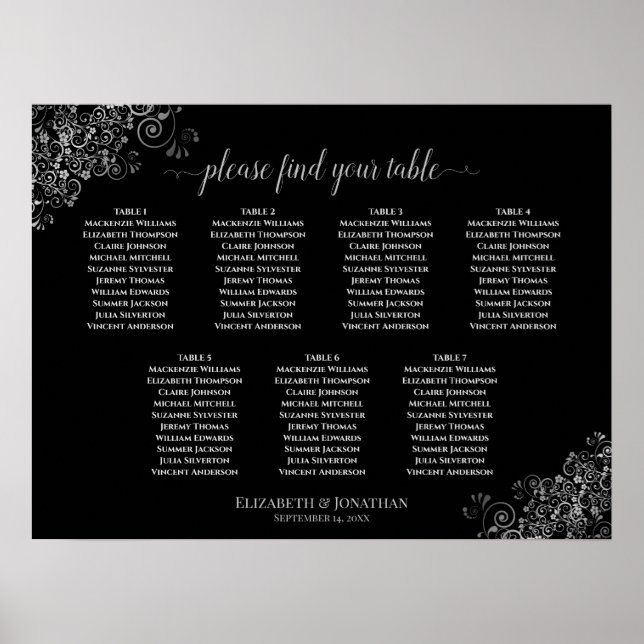 Silver Frills Black 7 Table Wedding Seating Chart Poster (Vorne)