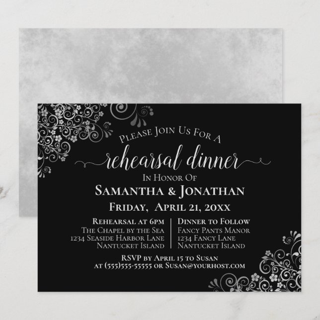 Silver Frills Black Wedding Probe & Dinner Einladung (Vorne/Hinten)