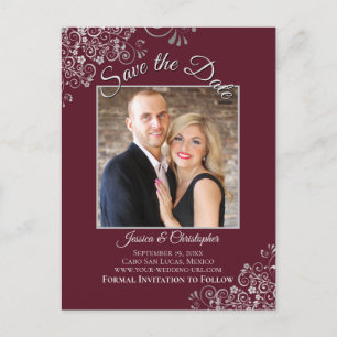 Silver Frills Burgundy Wedding Save the Date Foto Ankündigungspostkarte