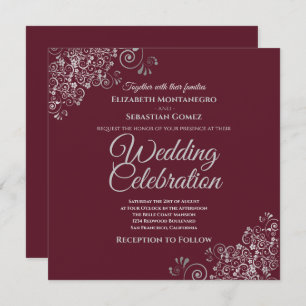 Silver Frills Burguny Elegante Square Chic Wedding Einladung