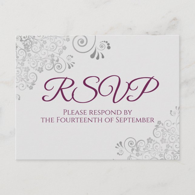 Silver Frills Cassis Lila auf Grey Wedding RSVP Postkarte (Vorderseite)