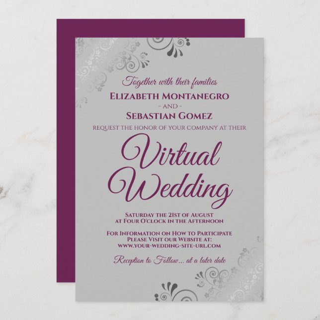 Silver Frills Cassis Lila & Gray Virtual Wedding Einladung (Vorne/Hinten)