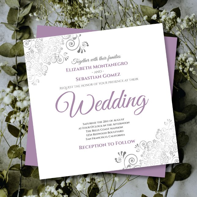 Silver Frills Chic Lavender & White Square Wedding Einladung (Von Creator hochgeladen)