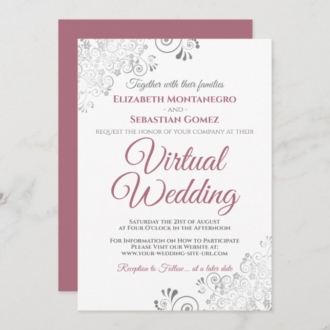 Silver Frills Dusty Rose & White Virtual Wedding Einladung (Vorne/Hinten)