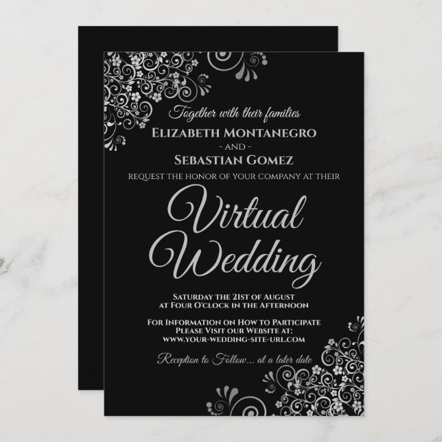 Silver Frills Elegant Black Virtual Wedding Einladung (Vorne/Hinten)