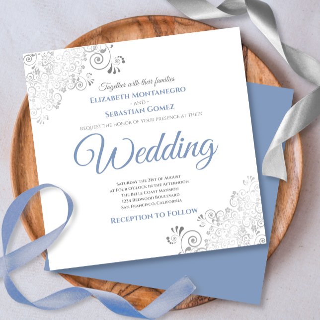 Silver Frills Elegant Blue & White Square Wedding Einladung (Von Creator hochgeladen)