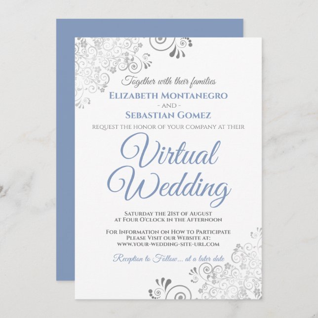 Silver Frills Elegant Blue & White Virtual Wedding Einladung (Vorne/Hinten)