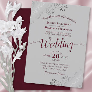 Silver Frills Elegant Burgundy & Gray Wedding Einladung