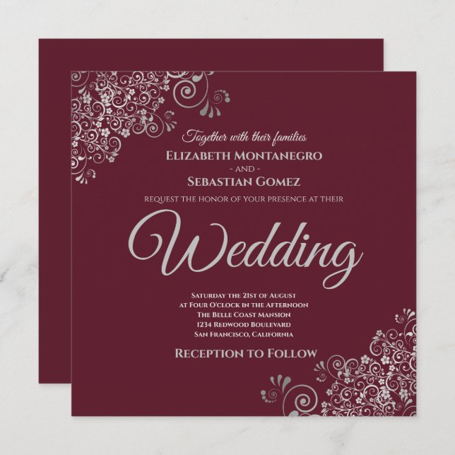 Silver Frills Elegant Burgundy Square Wedding Einladung (Vorne/Hinten)