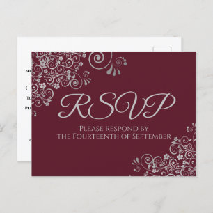 Silver Frills Elegant Burgundy Wedding RSVP Postkarte