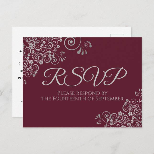 Silver Frills Elegant Burgundy Wedding RSVP Postkarte (Vorne/Hinten)