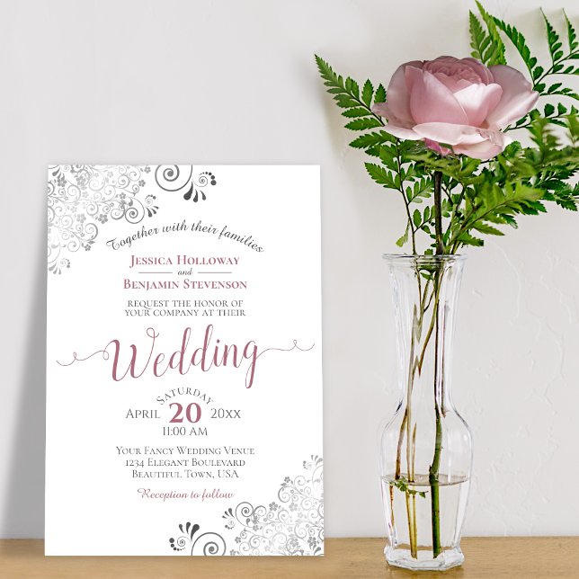 Silver Frills Elegant Dusty Rose auf White Wedding Einladung (Von Creator hochgeladen)