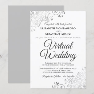 Silver Frills Elegant Gray & White Virtual Wedding Einladung