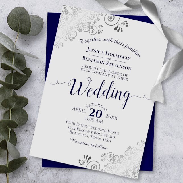Silver Frills Elegant Navy Blue & Gray Wedding Einladung (Von Creator hochgeladen)