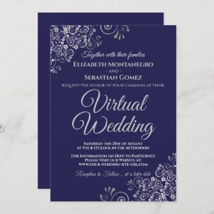 Silver Frills Elegant Navy Blue Virtual Wedding Einladung