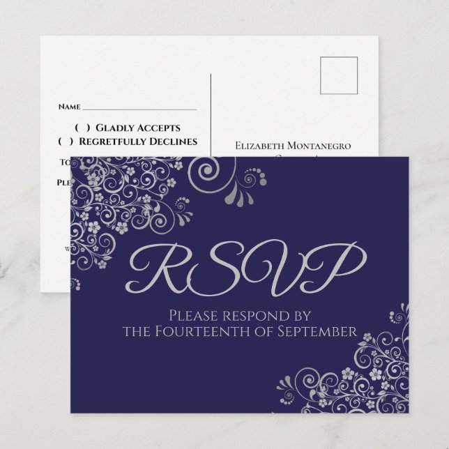 Silver Frills Elegant Navy Blue Wedding RSVP Postkarte (Vorne/Hinten)