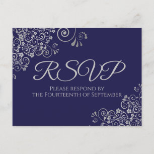 Silver Frills Elegant Navy Blue Wedding RSVP Postkarte