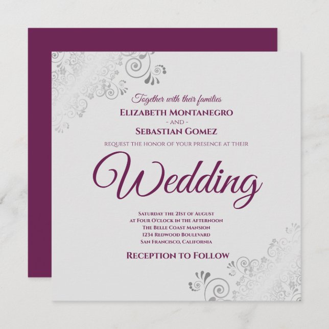 Silver Frills Elegante Cassis & Gray Square Weddin Einladung (Vorne/Hinten)