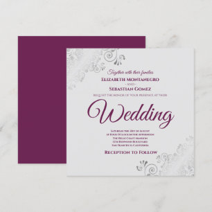 Silver Frills Elegante Cassis & Gray Square Weddin Einladung